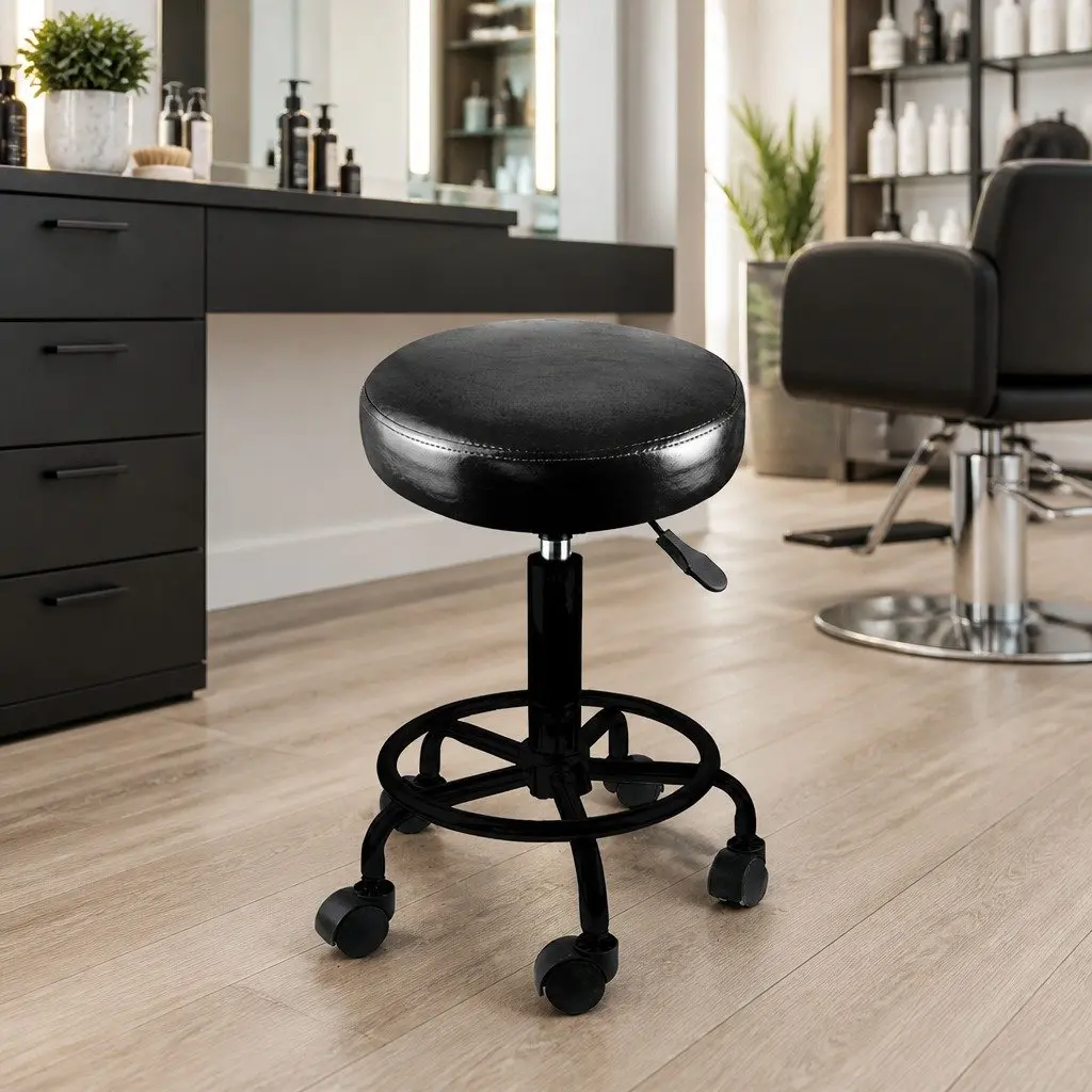 Salon Stool Black PU Leather Seat Height Adjustable Swivel Chair with Gas Lift