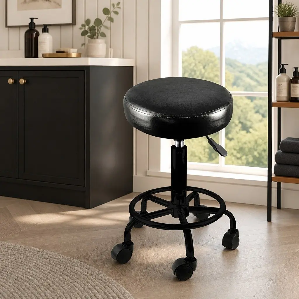 Salon Stool Black PU Leather Seat Height Adjustable Swivel Chair with Gas Lift