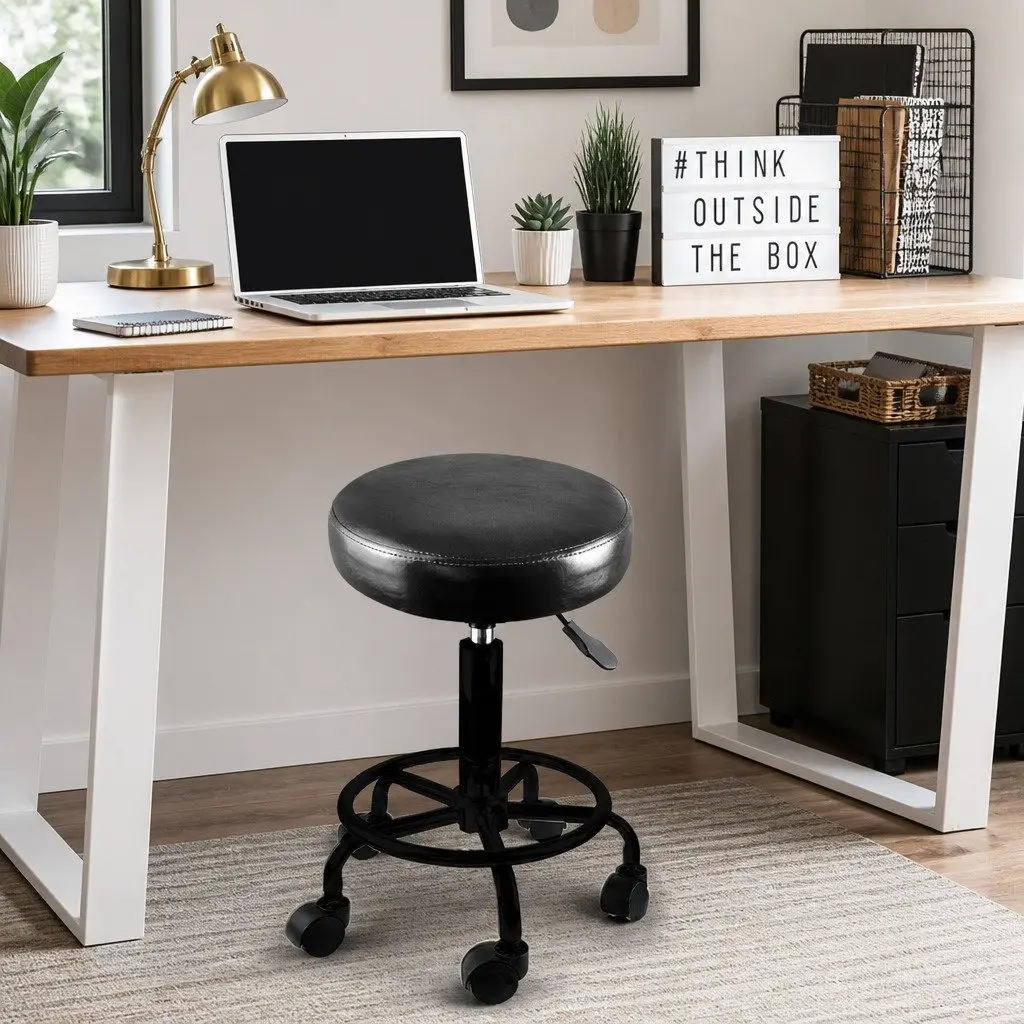 Salon Stool Black PU Leather Seat Height Adjustable Swivel Chair with Gas Lift