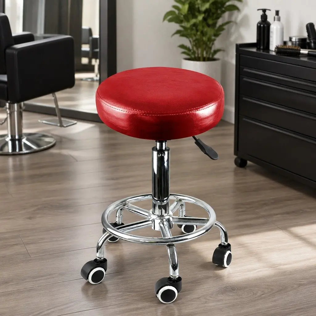 Salon Stool Red Adjustable Height Swivel with Rolling Casters