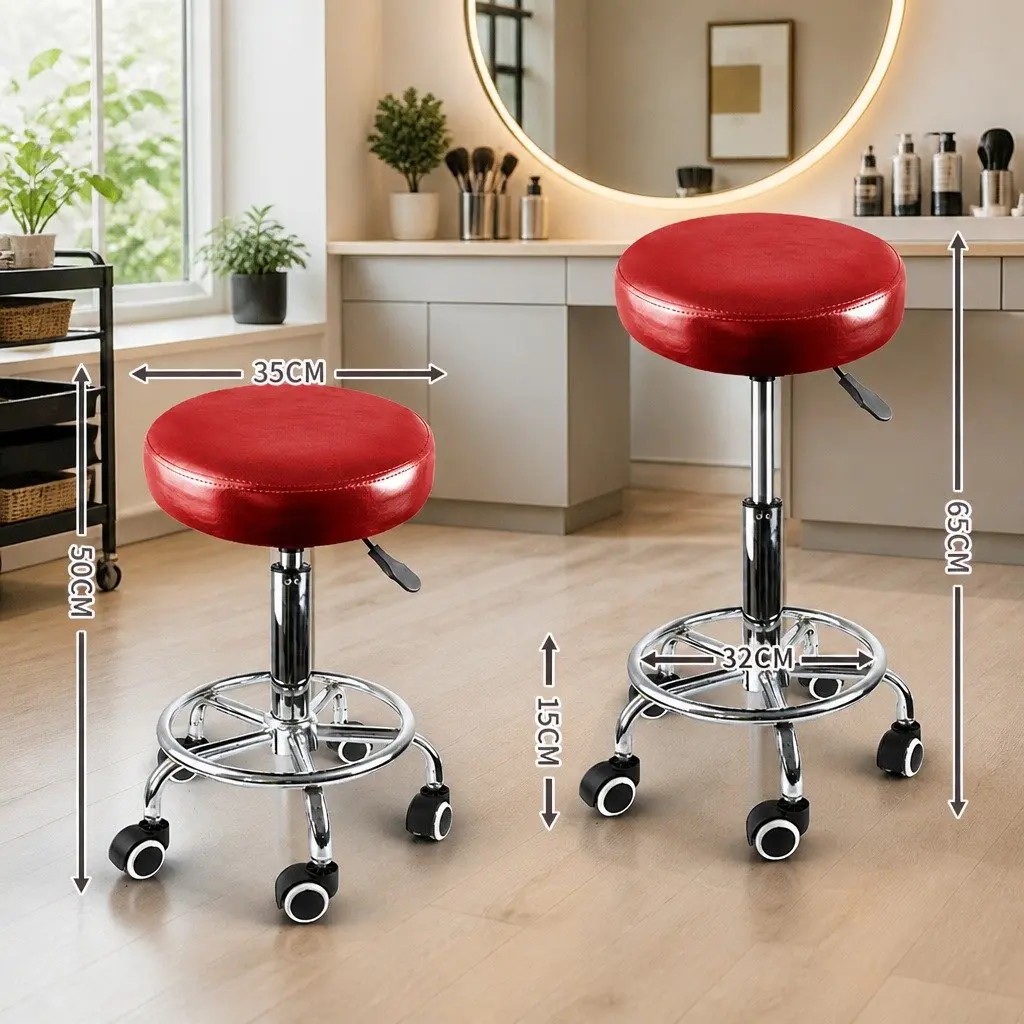 Salon Stool Red Adjustable Height Swivel with Rolling Casters