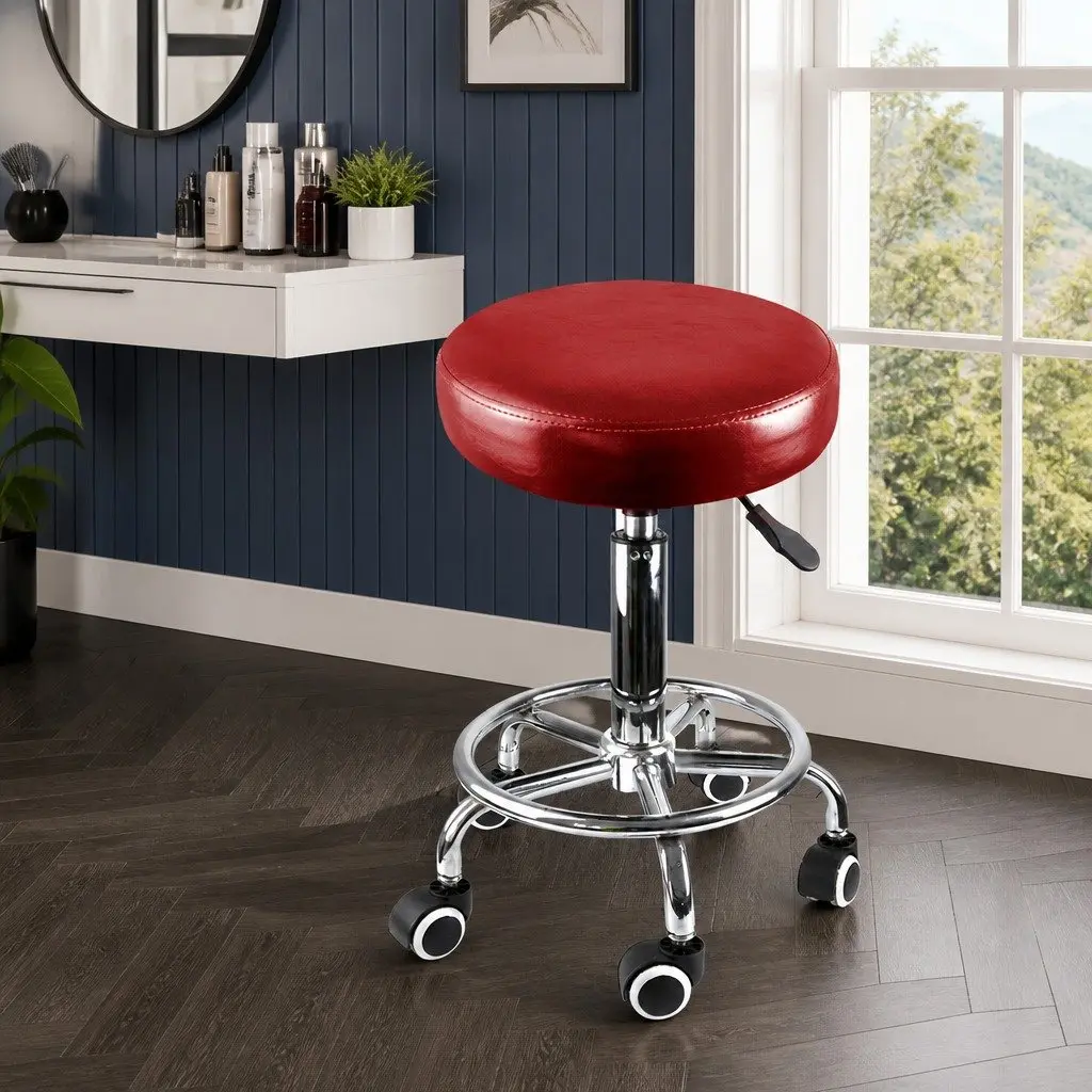 Salon Stool Red Adjustable Height Swivel with Rolling Casters