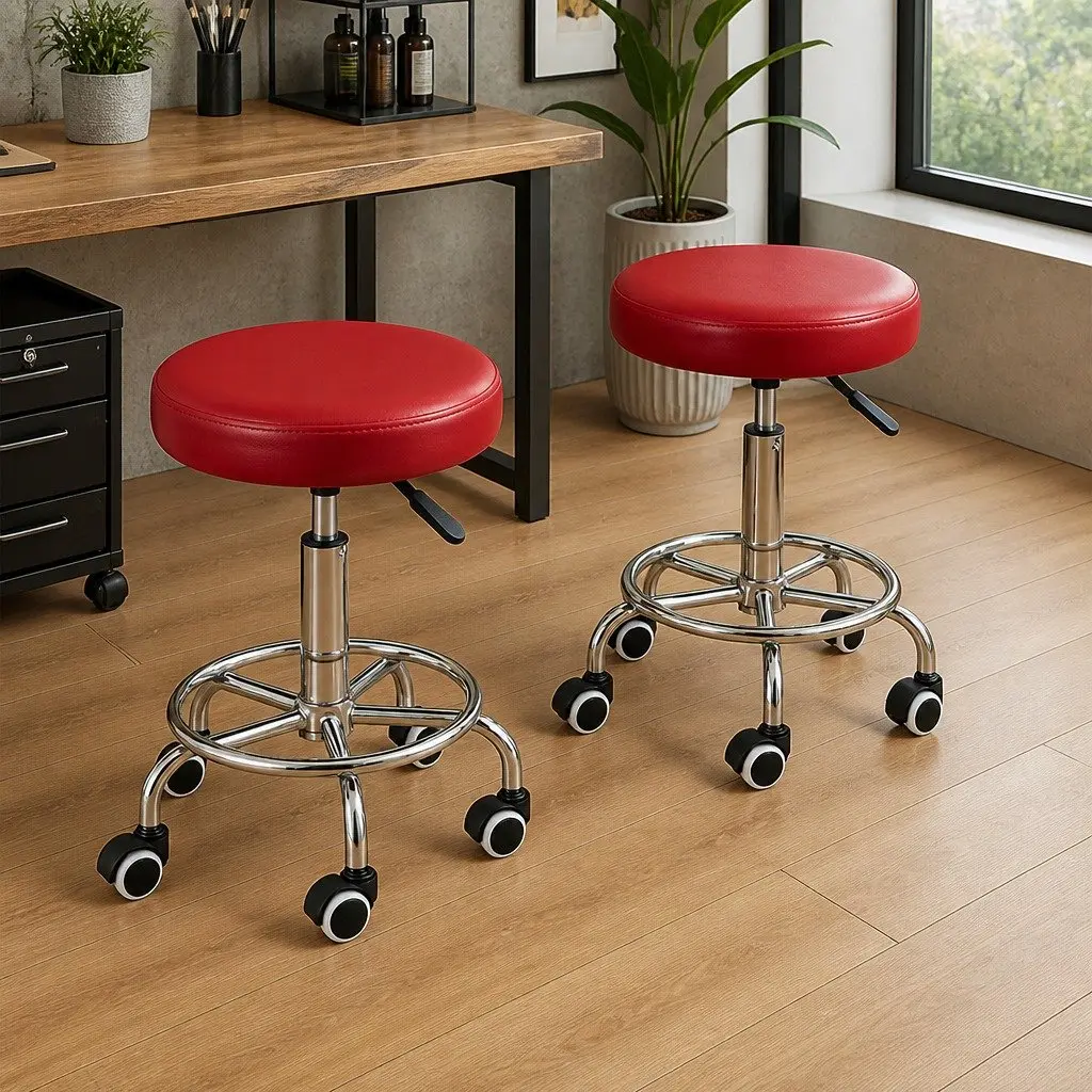 Salon Stool Red Adjustable Height Swivel with Rolling Casters