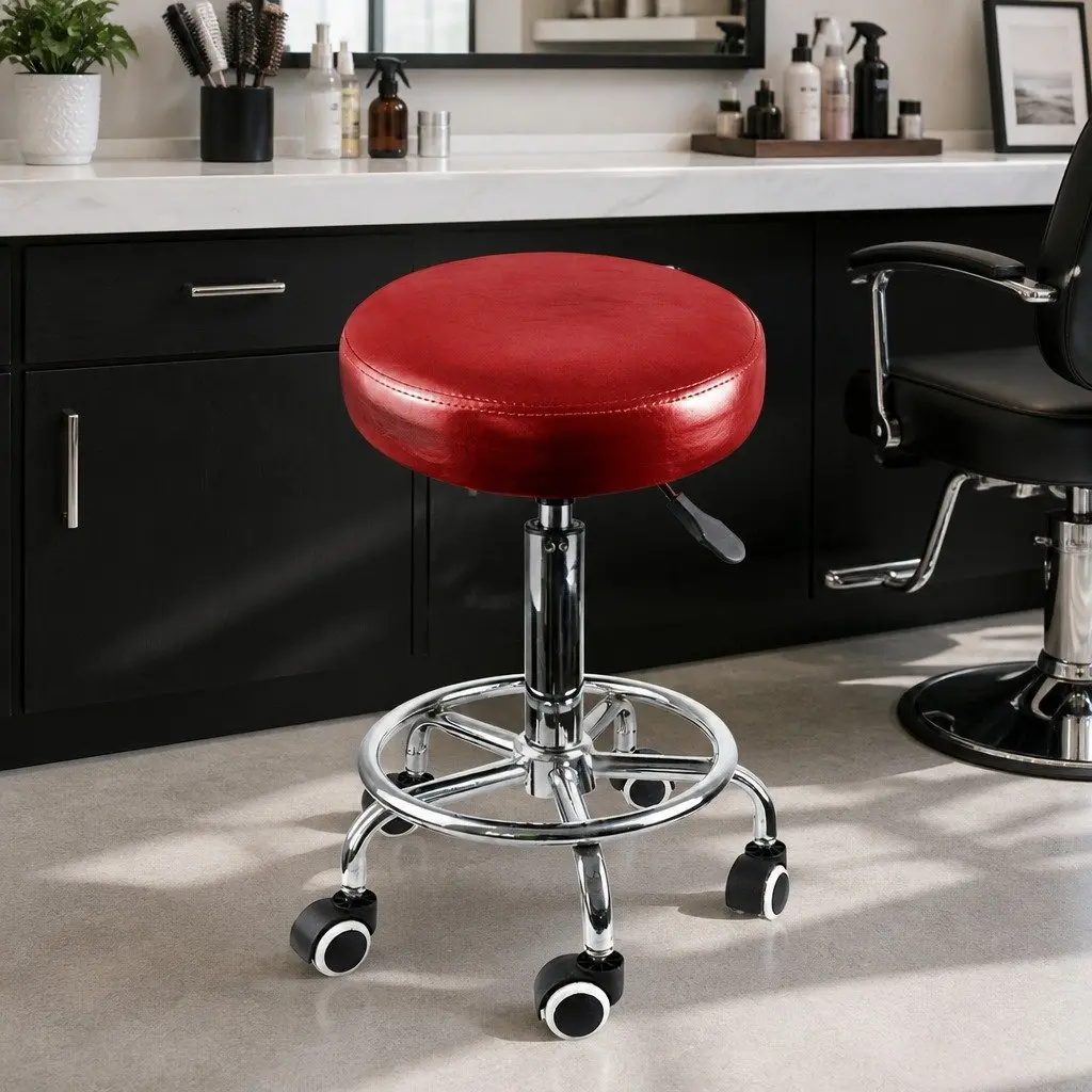 Salon Stool Red Adjustable Height Swivel with Rolling Casters