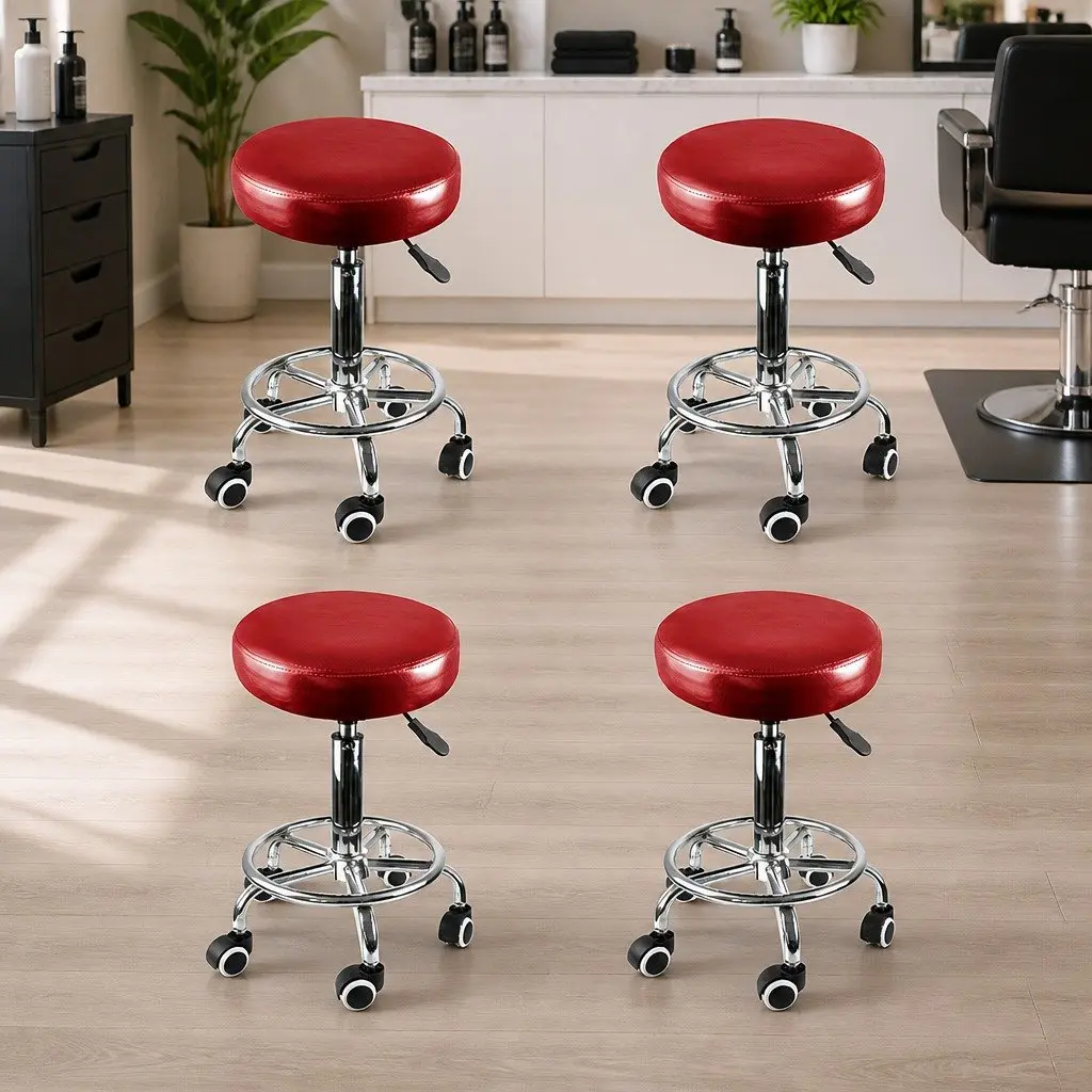 Swivel Salon Stool Burgundy Height Adjustable 360 Degree Swivel Rolling Casters