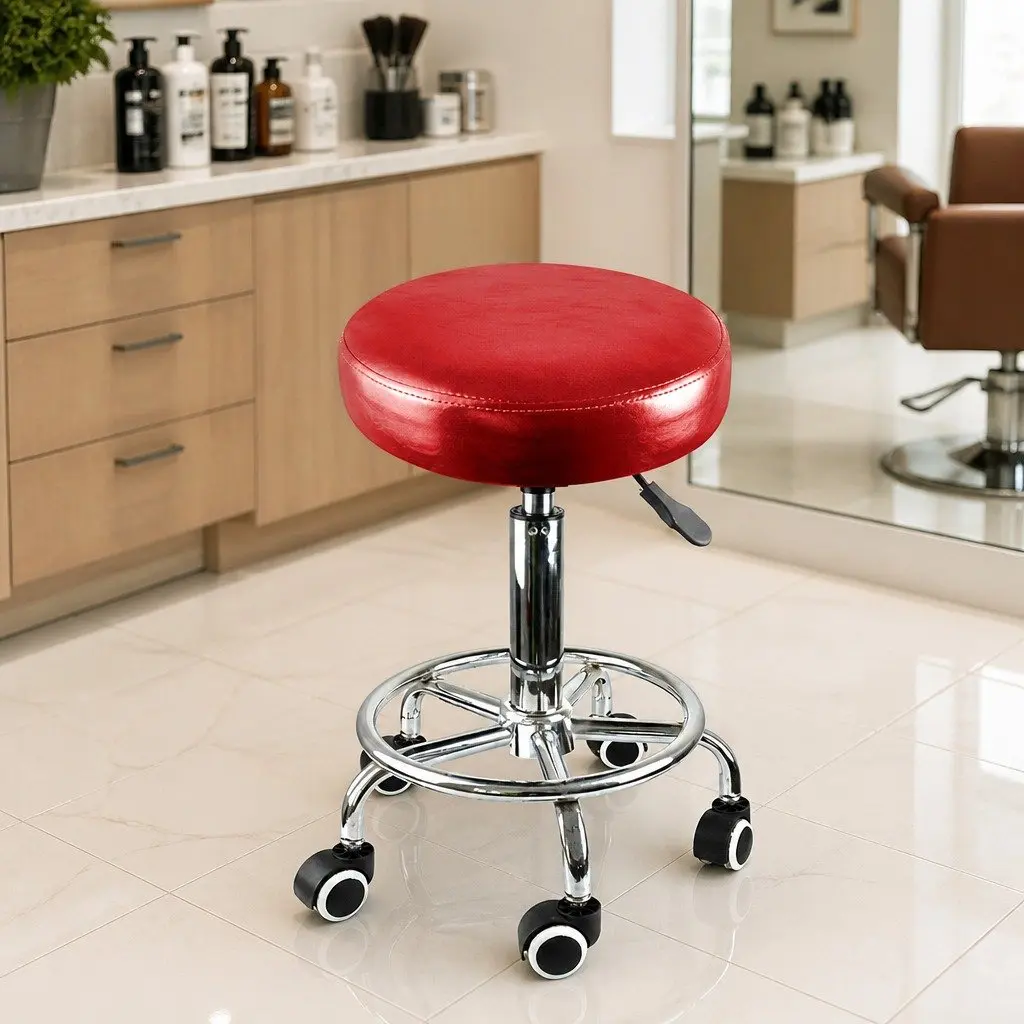 Swivel Salon Stool Burgundy Height Adjustable 360 Degree Swivel Rolling Casters