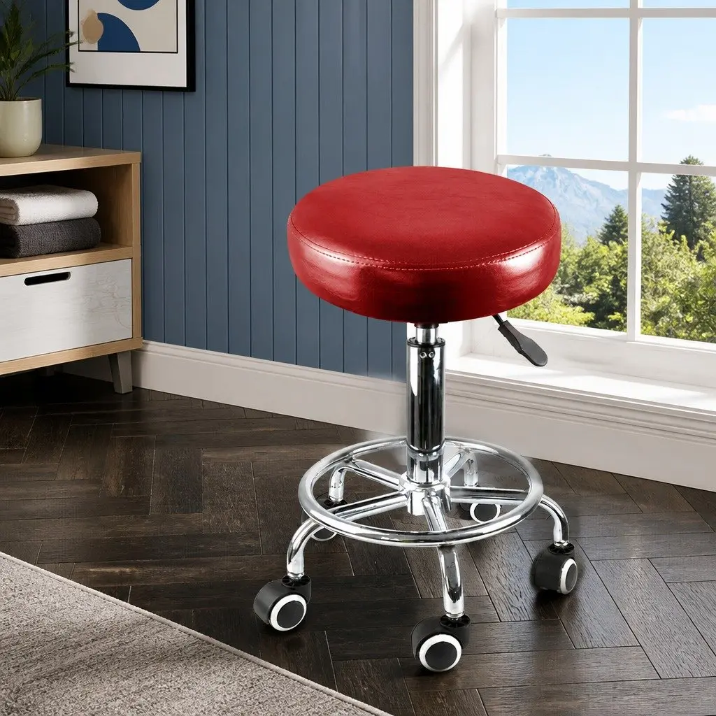 Swivel Salon Stool Burgundy Height Adjustable 360 Degree Swivel Rolling Casters