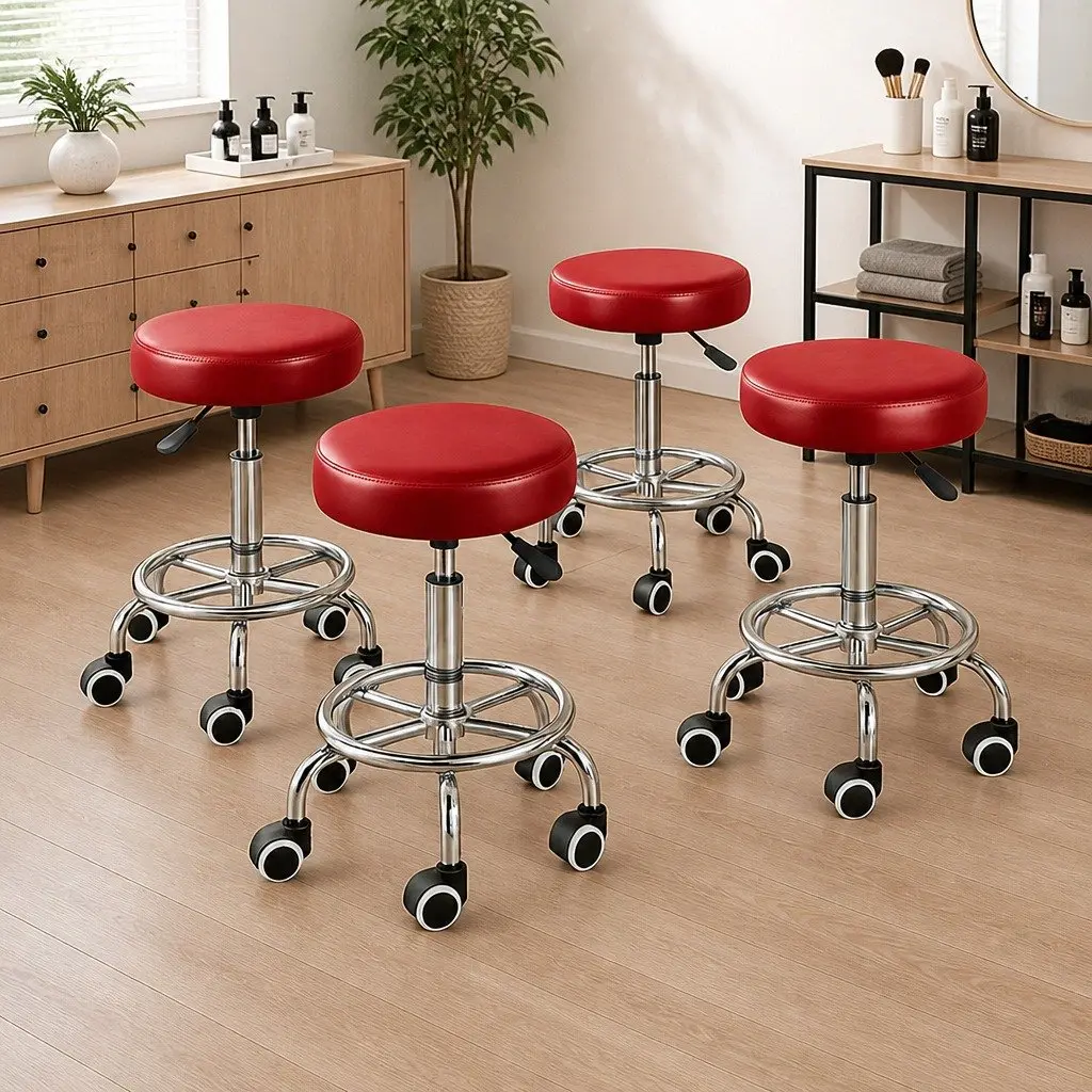 Swivel Salon Stool Burgundy Height Adjustable 360 Degree Swivel Rolling Casters