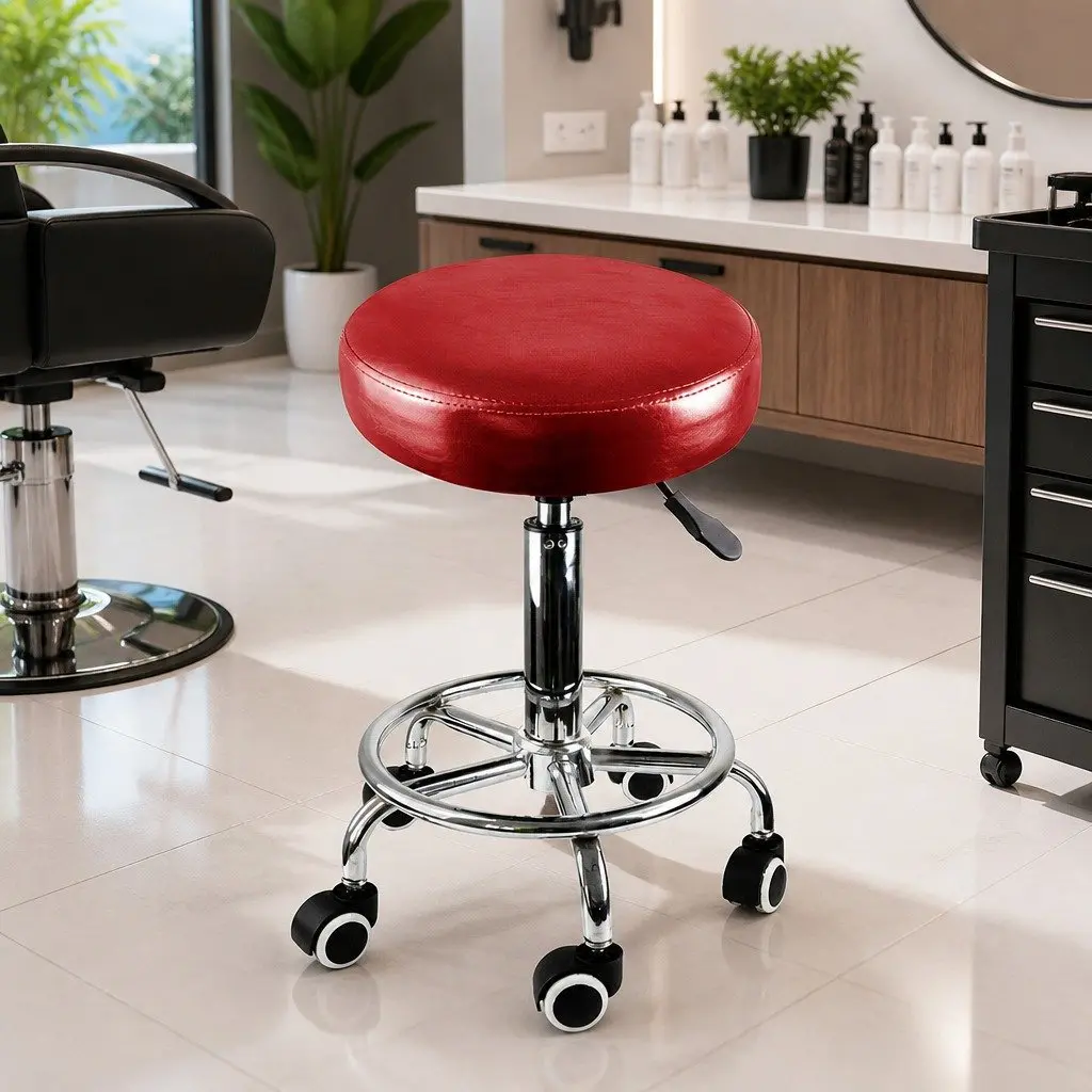 Swivel Salon Stool Burgundy Height Adjustable 360 Degree Swivel Rolling Casters