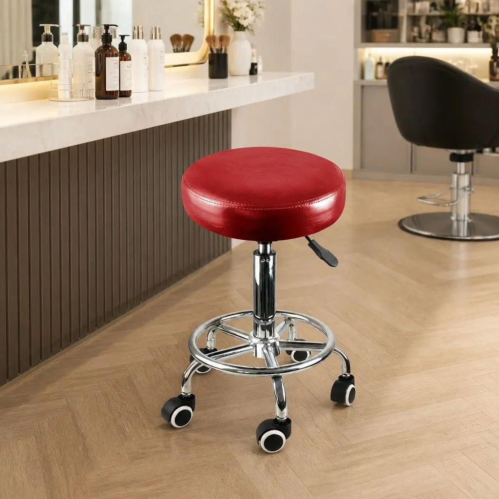 Salon Stool Red Adjustable Swivel Chair PU Leather High Density Foam