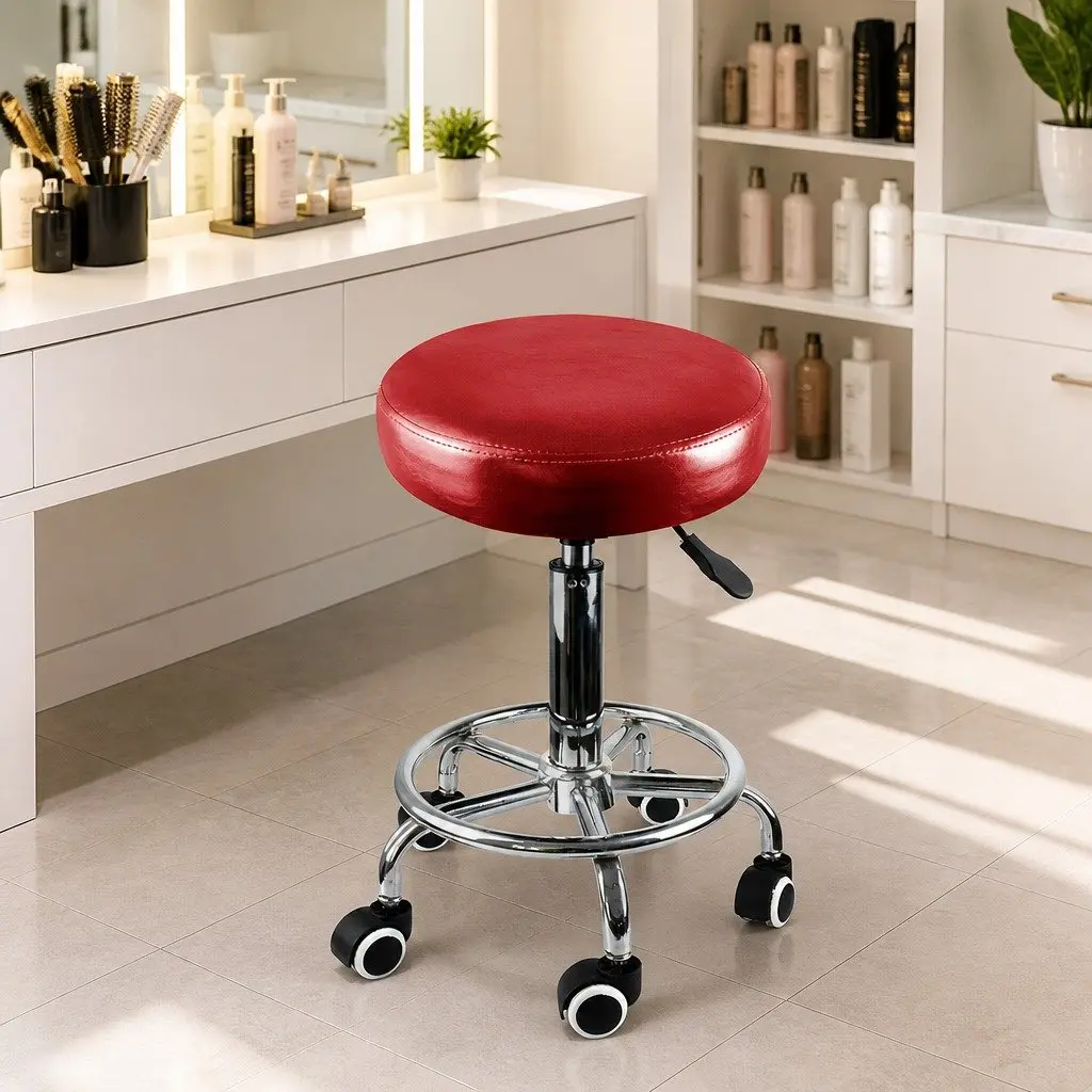 Salon Stool Red Adjustable Swivel Chair PU Leather High Density Foam