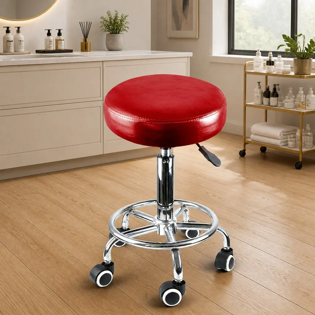 Salon Stool Red Adjustable Swivel Chair PU Leather High Density Foam