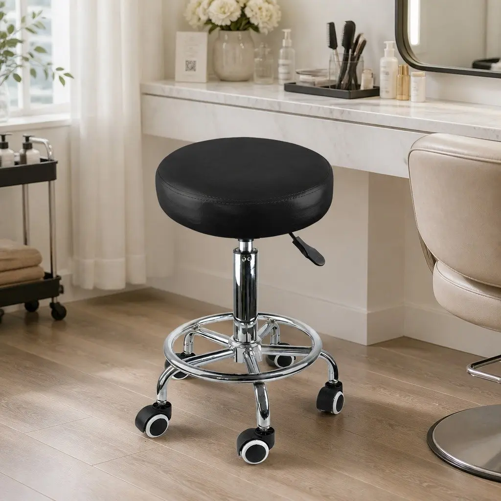 Salon Stool Black Silver 360 Rotation Gas Lift High Density Foam Seat