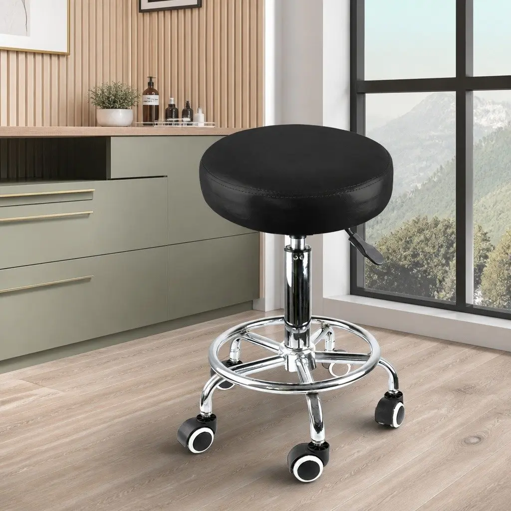 Salon Stool Black Silver 360 Rotation Gas Lift High Density Foam Seat