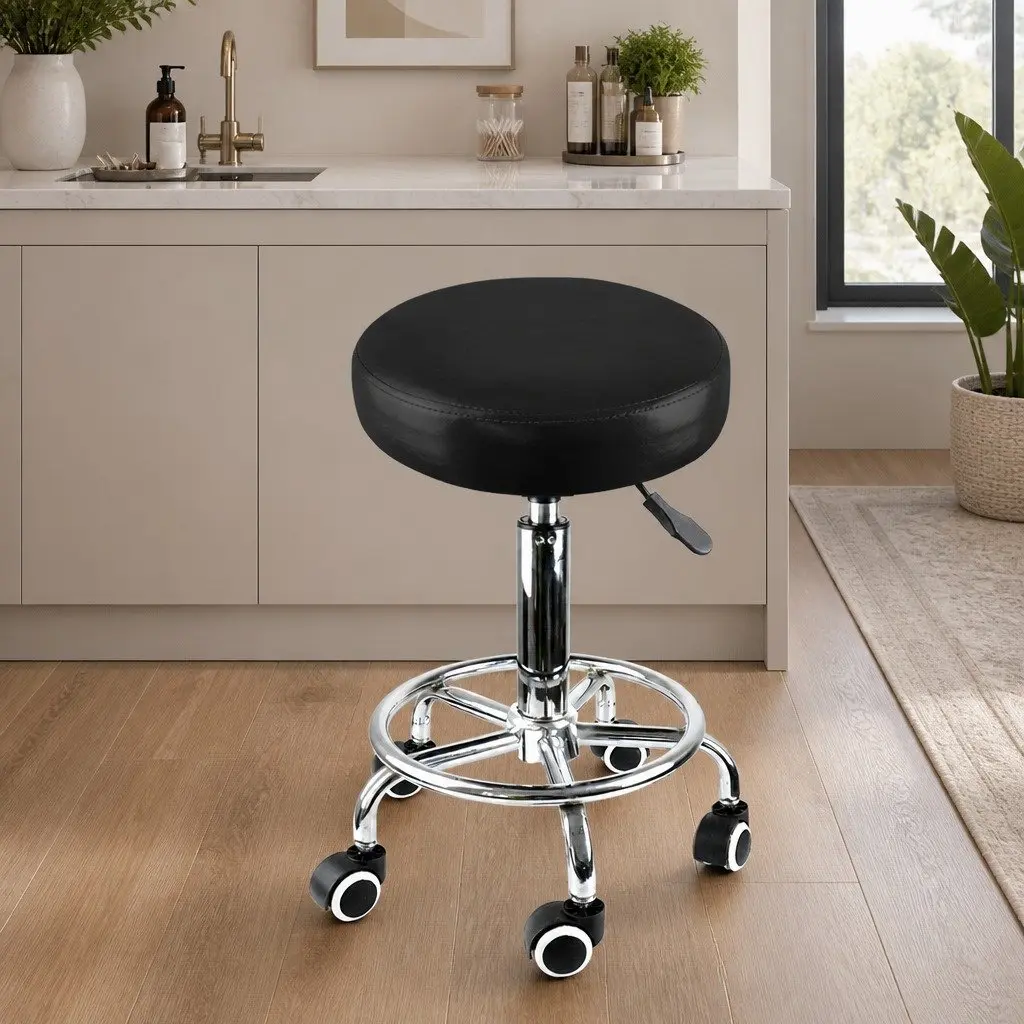 Salon Stool Black Silver 360 Rotation Gas Lift High Density Foam Seat