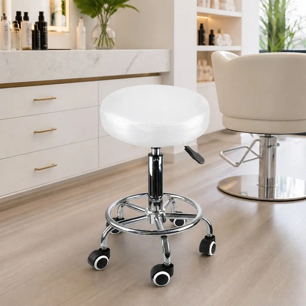Salon Stool White PU Leather 360 Degree Swivel Gas Lift Hydraulic with Casters