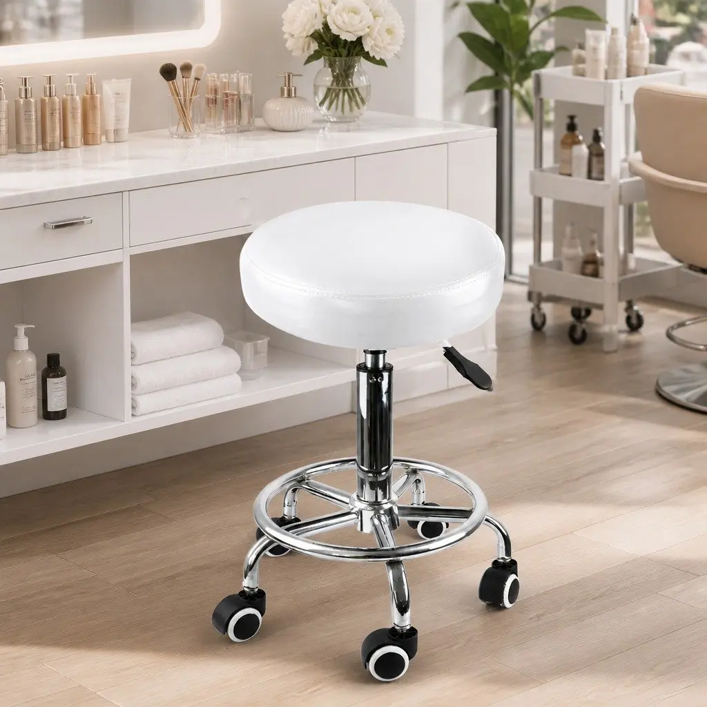 Salon Stool White PU Leather 360 Degree Swivel Gas Lift Hydraulic with Casters