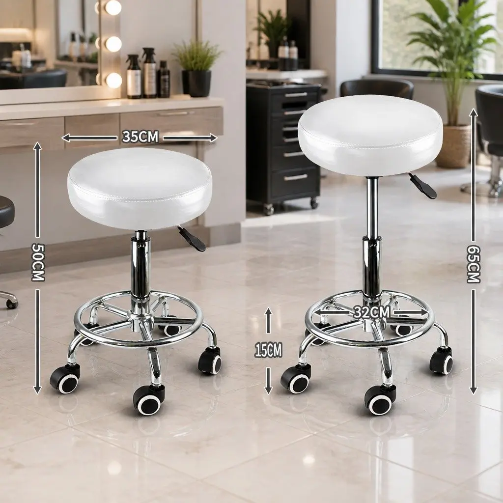 Salon Stool White PU Leather 360 Degree Swivel Gas Lift Hydraulic with Casters