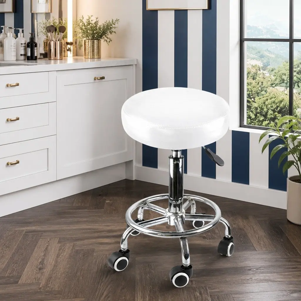 Salon Stool White PU Leather 360 Degree Swivel Gas Lift Hydraulic with Casters