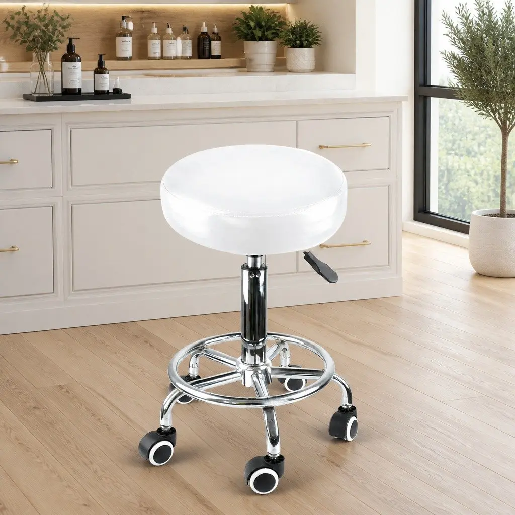 Salon Stool White PU Leather 360 Degree Swivel Gas Lift Hydraulic with Casters