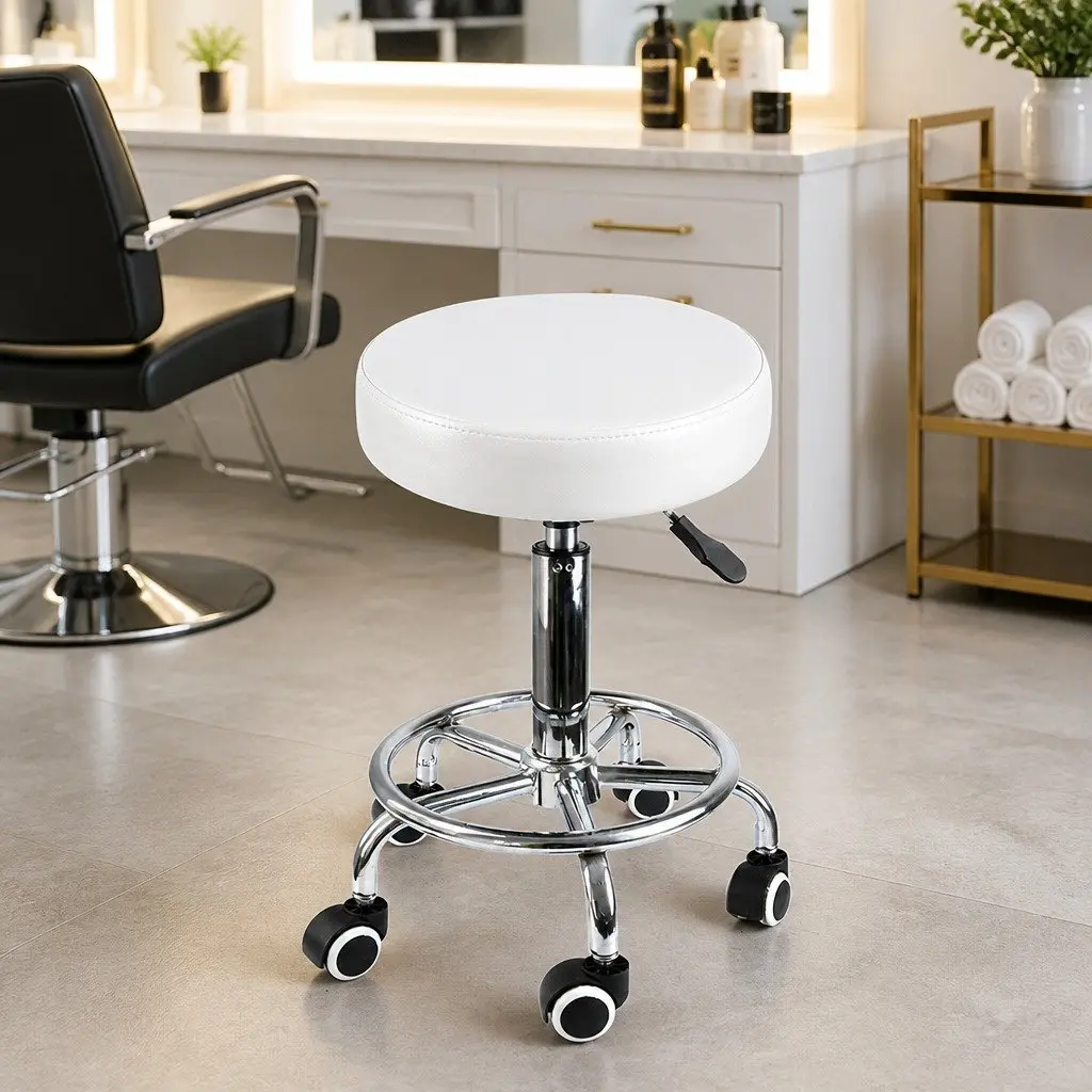 Salon Barstool White Height Adjustable 360° Rotation Smooth Rolling Casters