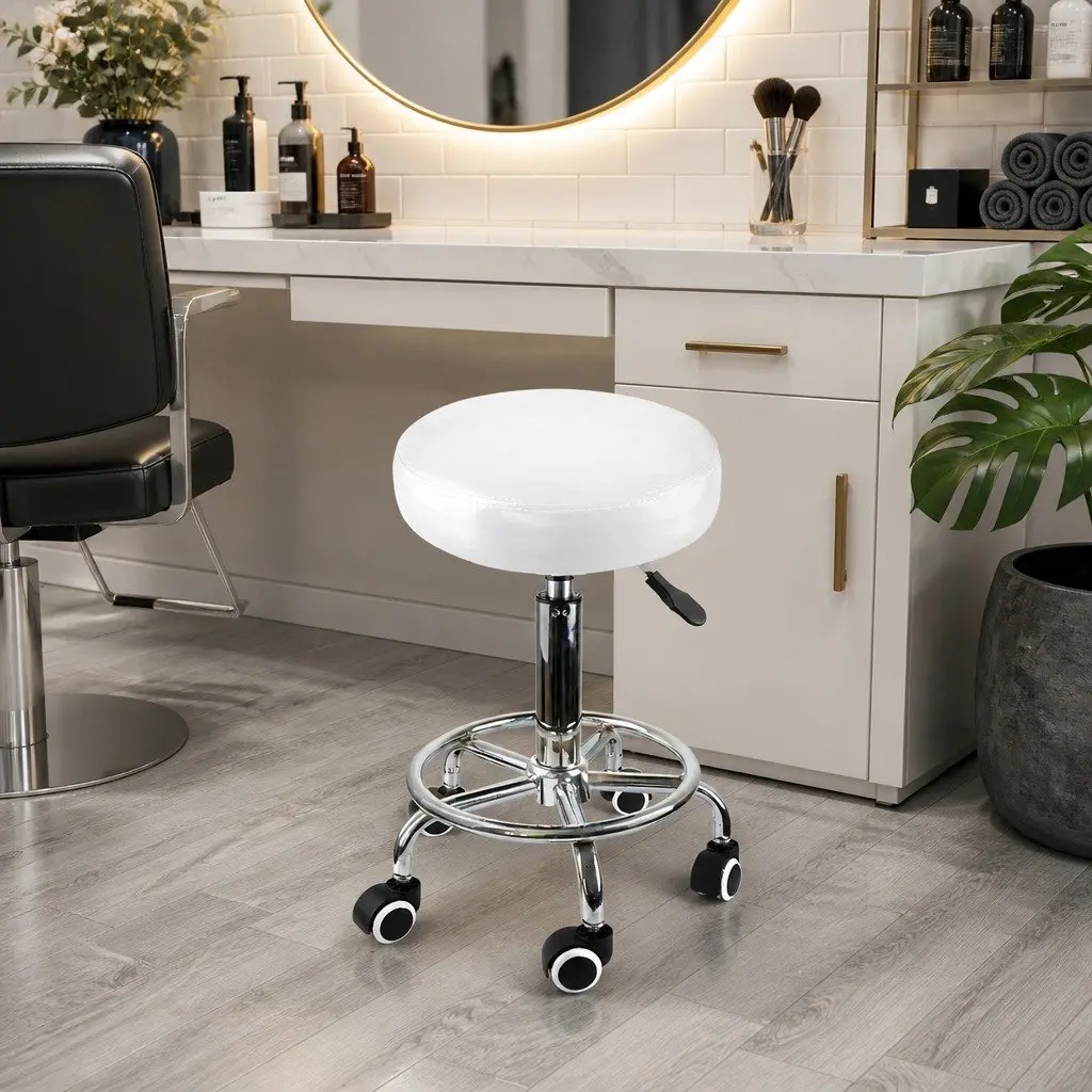 Salon Barstool White Height Adjustable 360° Rotation Smooth Rolling Casters