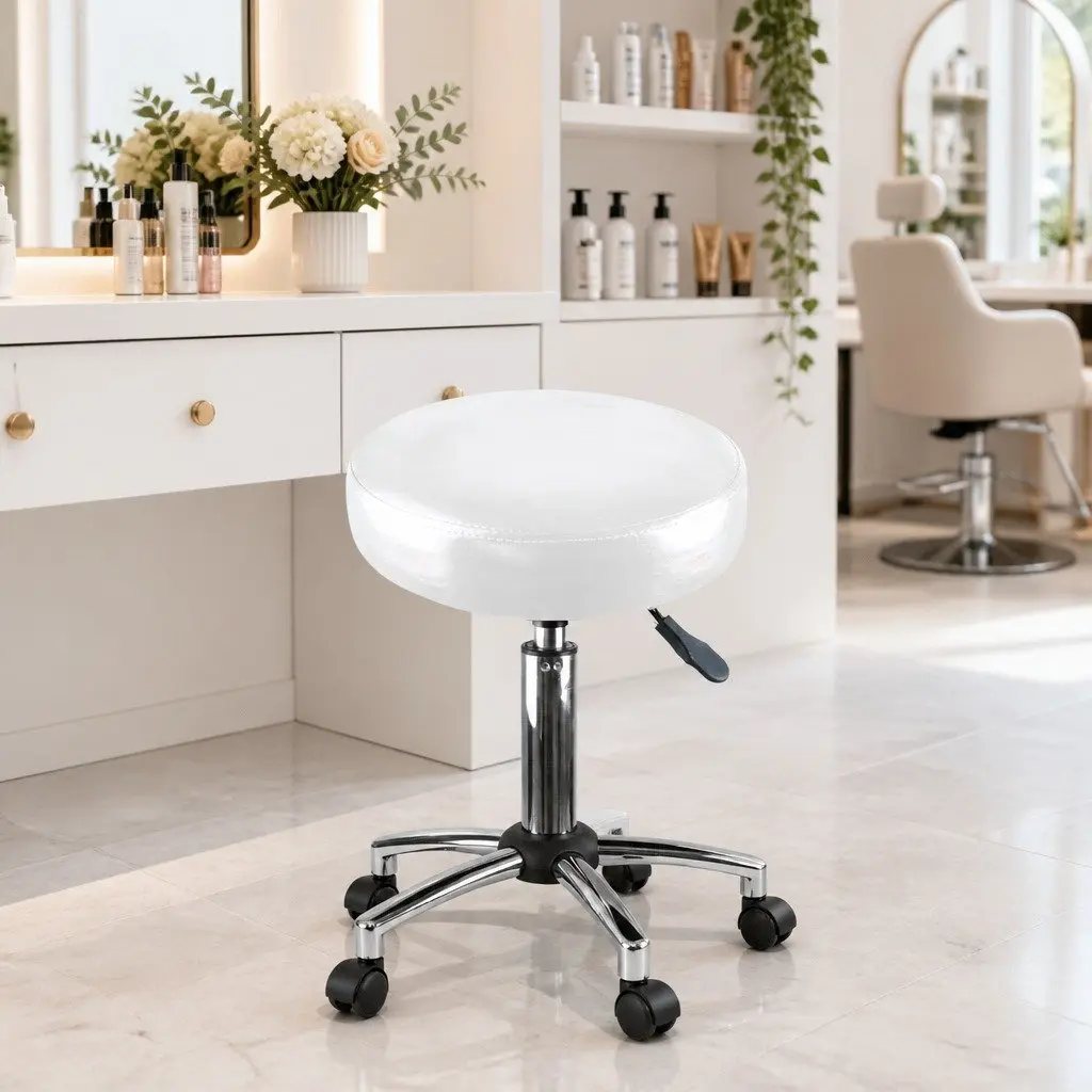 Salon Barstool White Height Adjustable 360° Rotation Smooth Rolling Casters