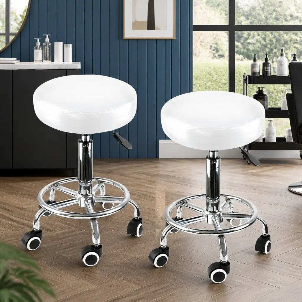 Salon Barstool White Height Adjustable 360° Rotation Smooth Rolling Casters