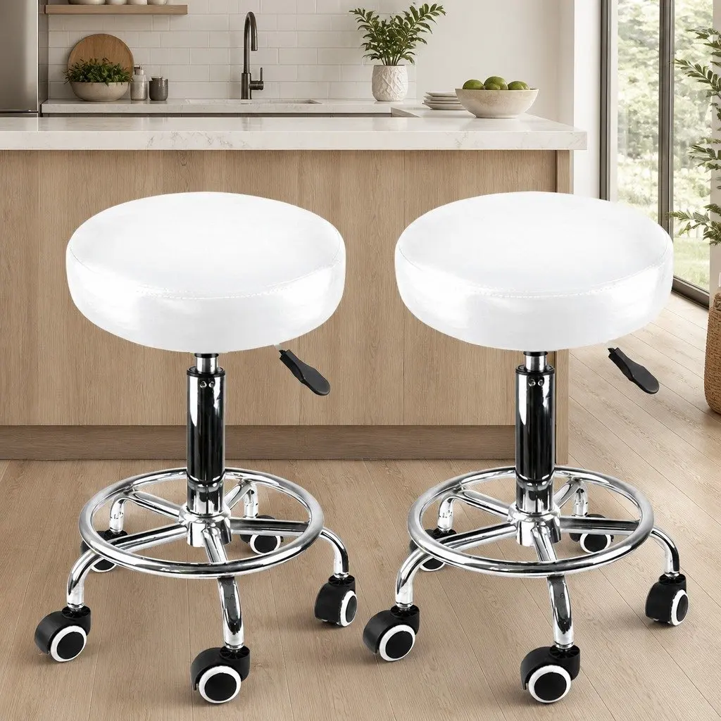 Salon Barstool White Height Adjustable 360° Rotation Smooth Rolling Casters