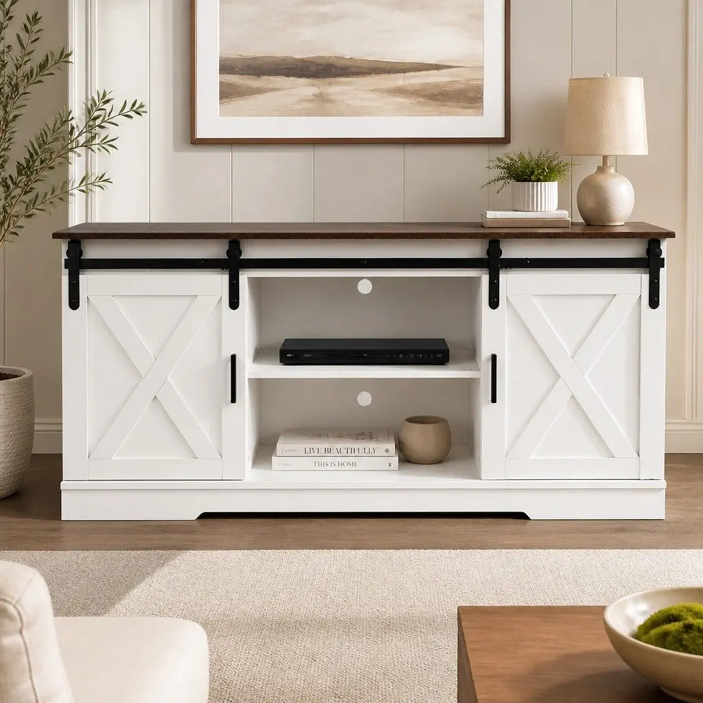 TV Cabinet Entertainment Unit Sliding Barn Door Storage Wooden Stand Media