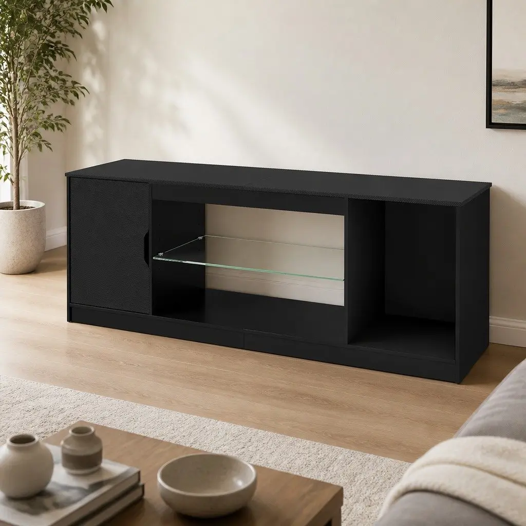Black TV Stand with LED and Adjustable Storage