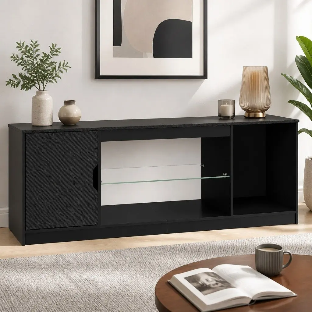 TV Stand Black 140cm LED Entertainment Unit with Adjustable Shelves and Magnetic Door