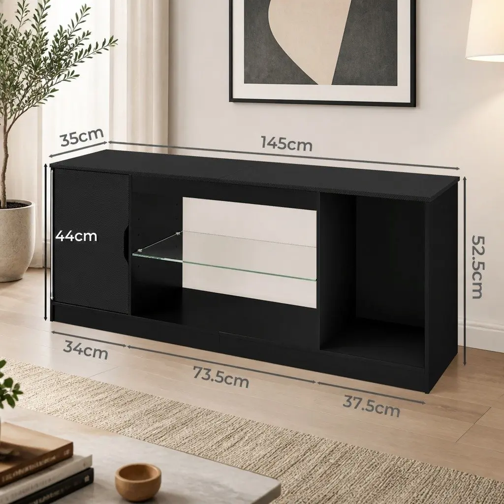 TV Stand Black 140cm LED Entertainment Unit with Adjustable Shelves and Magnetic Door
