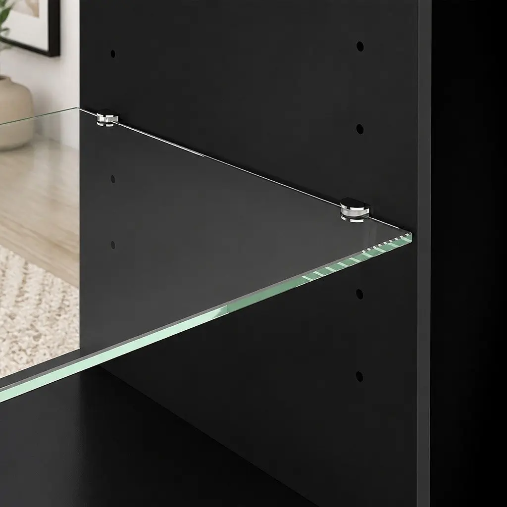 TV Stand Black 140cm LED Entertainment Unit with Adjustable Shelves and Magnetic Door