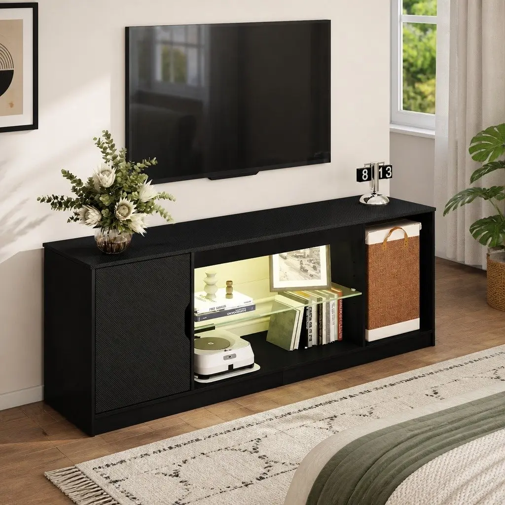 TV Stand Black 140cm LED Entertainment Unit with Adjustable Shelves and Magnetic Door