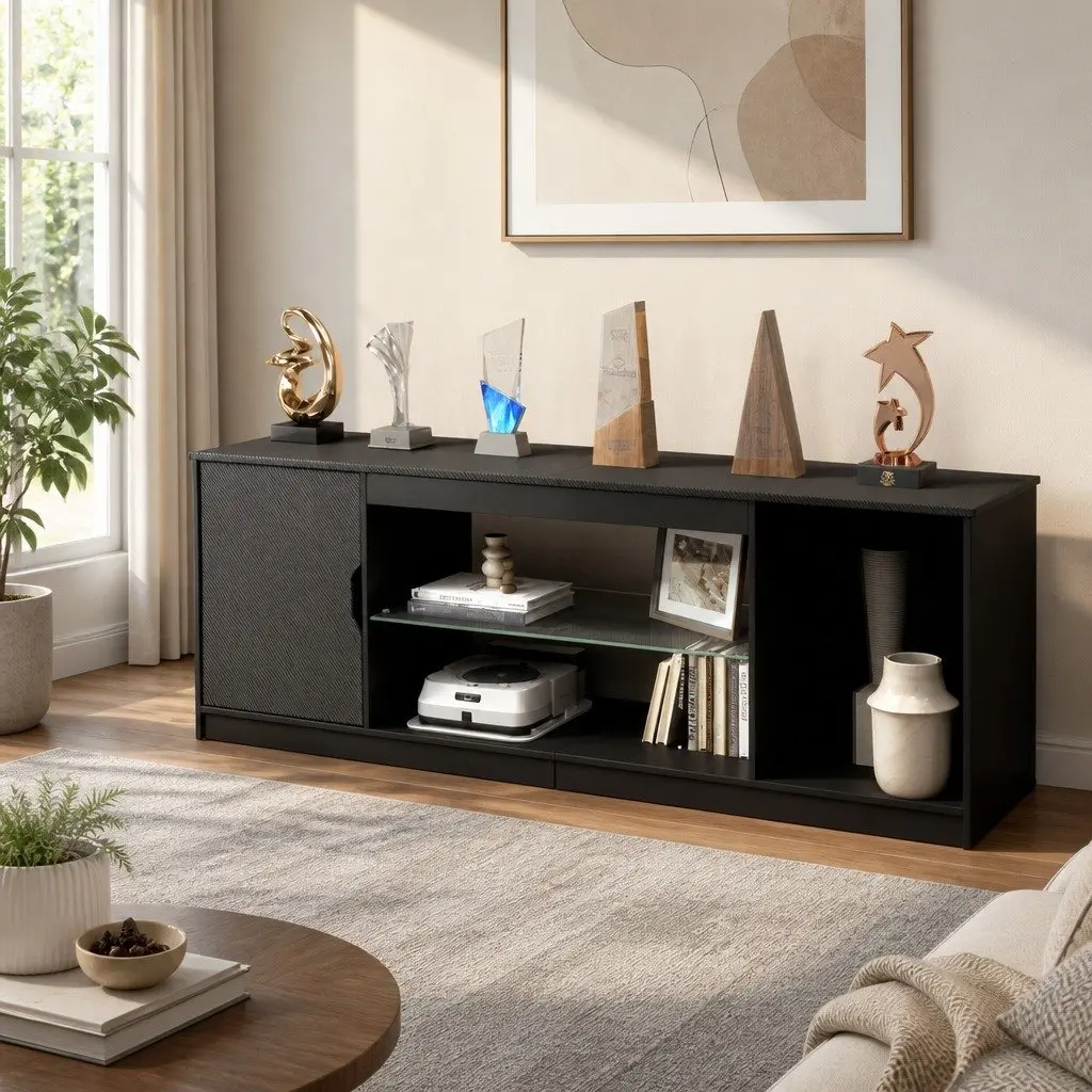 TV Stand Black 140cm LED Entertainment Unit with Adjustable Shelves and Magnetic Door