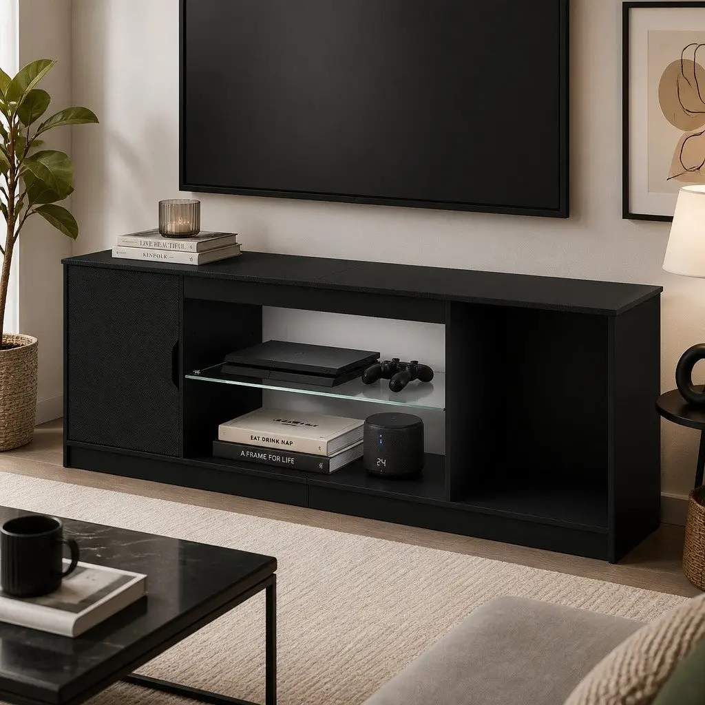 TV Stand Black 140cm LED Entertainment Unit with Adjustable Shelves and Magnetic Door