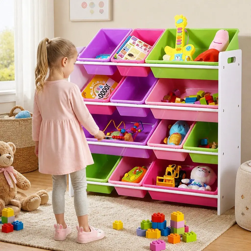 Kids Toy Box Organizer 12 Bins Bookshelf Storage Cube Shelves Children's Room