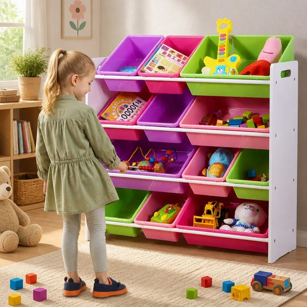 Kids Toy Box Organizer 12 Bins Bookshelf Storage Cube Shelves Children's Room