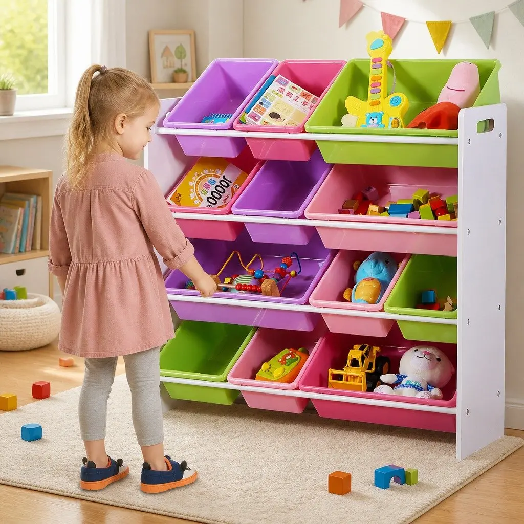 Kids Toy Box Organizer 12 Bins Bookshelf Storage Cube Shelves Children's Room