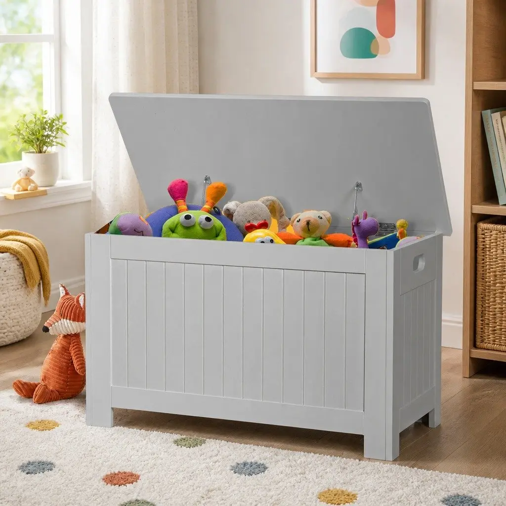 Kids Toy Box Storage Chest Grey Bench Seat Organiser