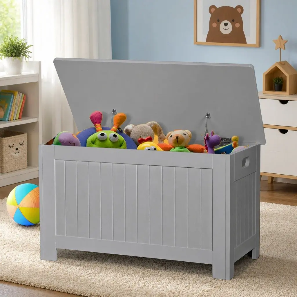 Kids Toy Box Storage Chest Grey Bench Seat Organiser
