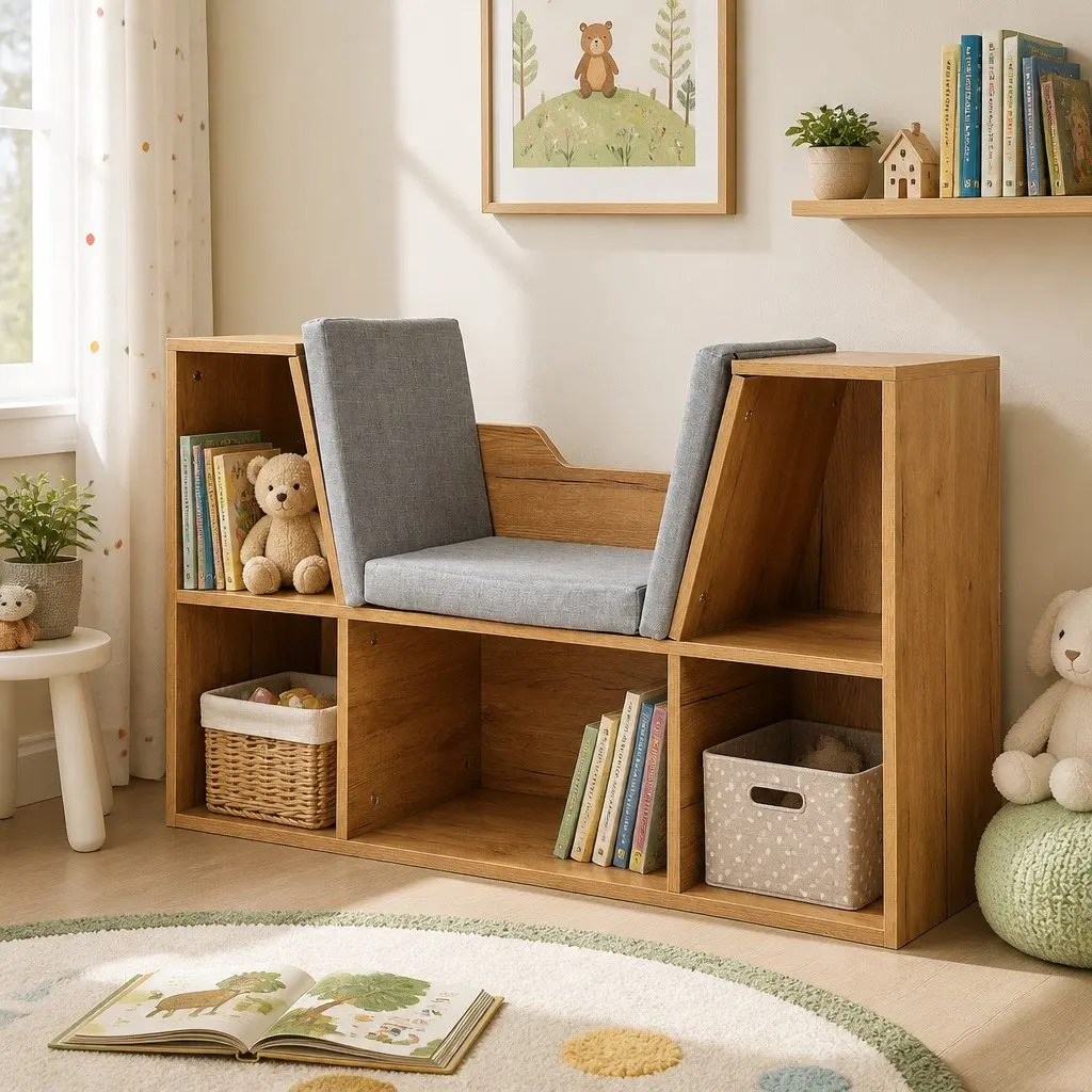 Kids Toy Box Bookcase Storage Organiser Shelf Brown with Detachable Cushion