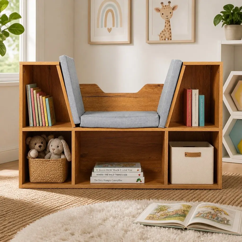Kids Toy Box Bookcase Storage Organiser Shelf Brown with Detachable Cushion