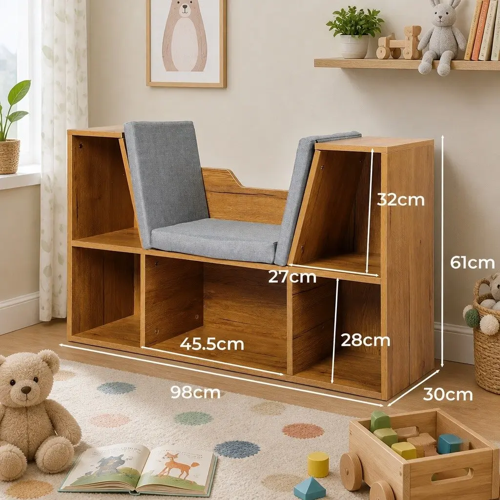 Kids Toy Box Bookcase Storage Organiser Shelf Brown with Detachable Cushion