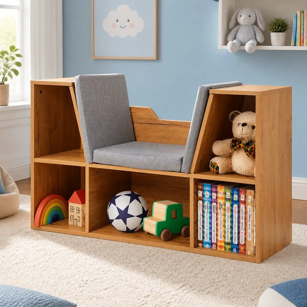 Kids Toy Box Bookcase Storage Organiser Shelf Brown with Detachable Cushion
