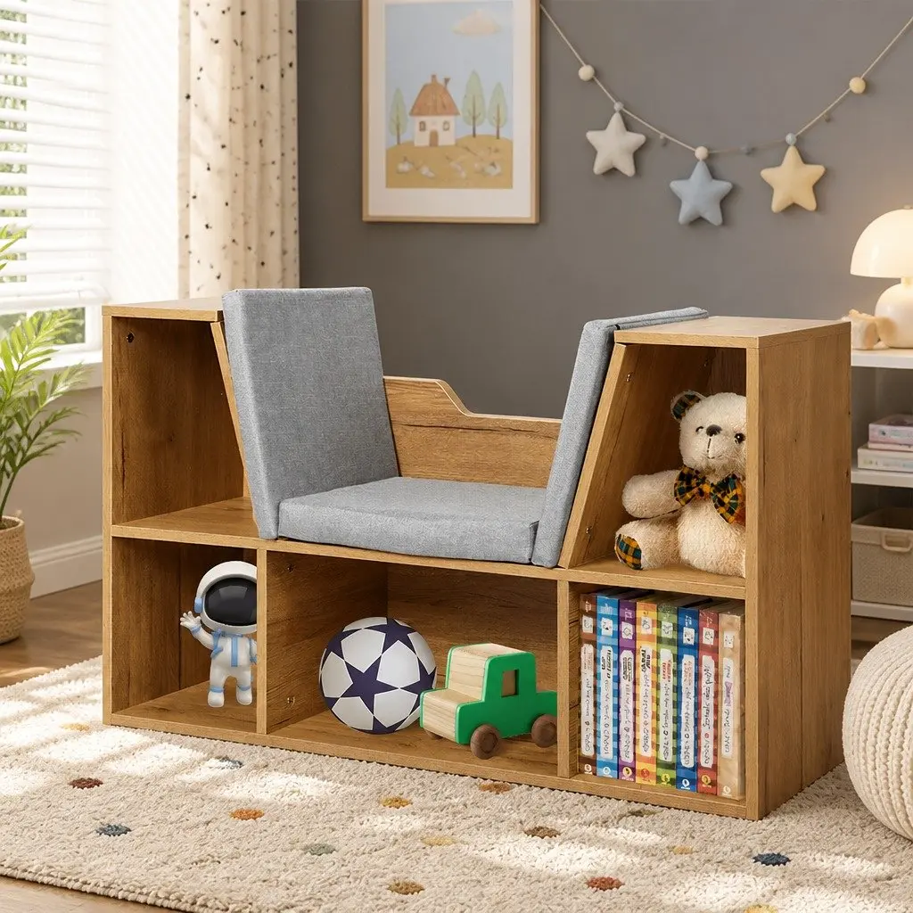 Kids Toy Box Bookcase Storage Organiser Shelf Brown with Detachable Cushion