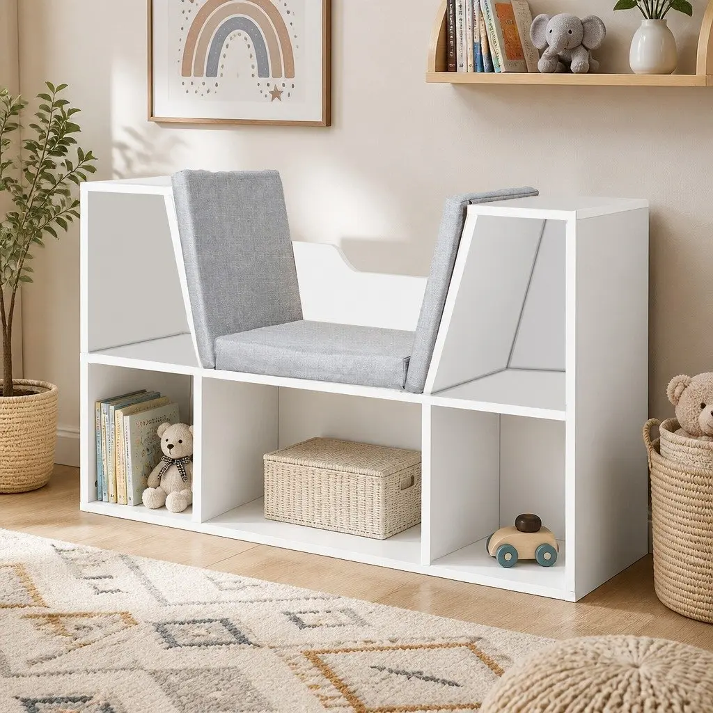 Kids Toy Box Storage Bookcase Shelf Organiser White 98cm L x 30cm W x 61cm H Functions as Seat
