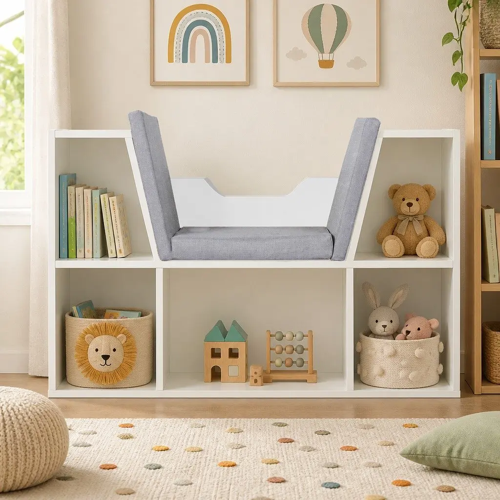 Kids Toy Box Storage Bookcase Shelf Organiser White 98cm L x 30cm W x 61cm H Functions as Seat