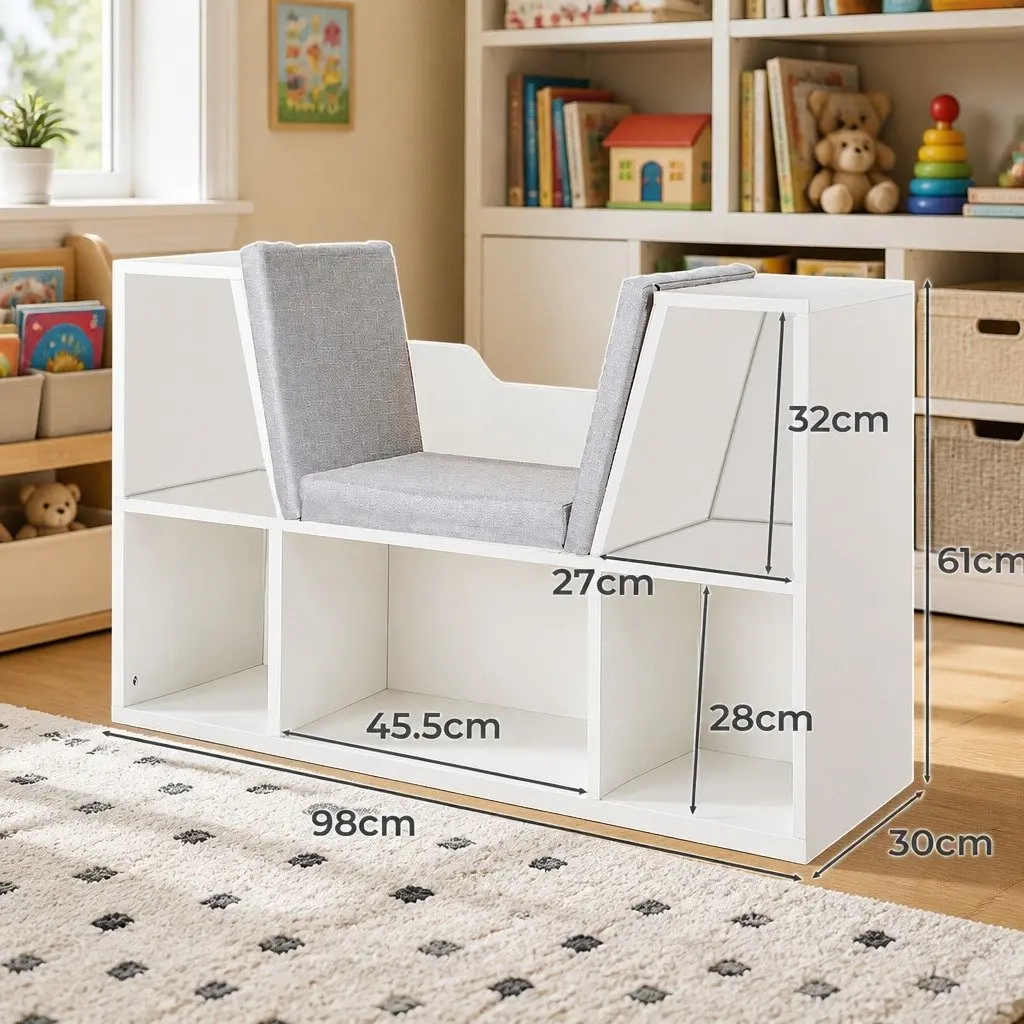 Kids Toy Box Storage Bookcase Shelf Organiser White 98cm L x 30cm W x 61cm H Functions as Seat